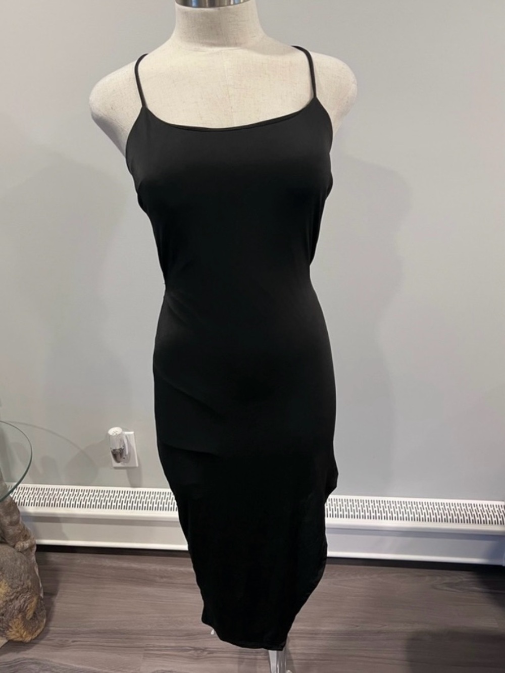 Windsor Black Asymmetrical Slip Dress with Spaghetti Straps
